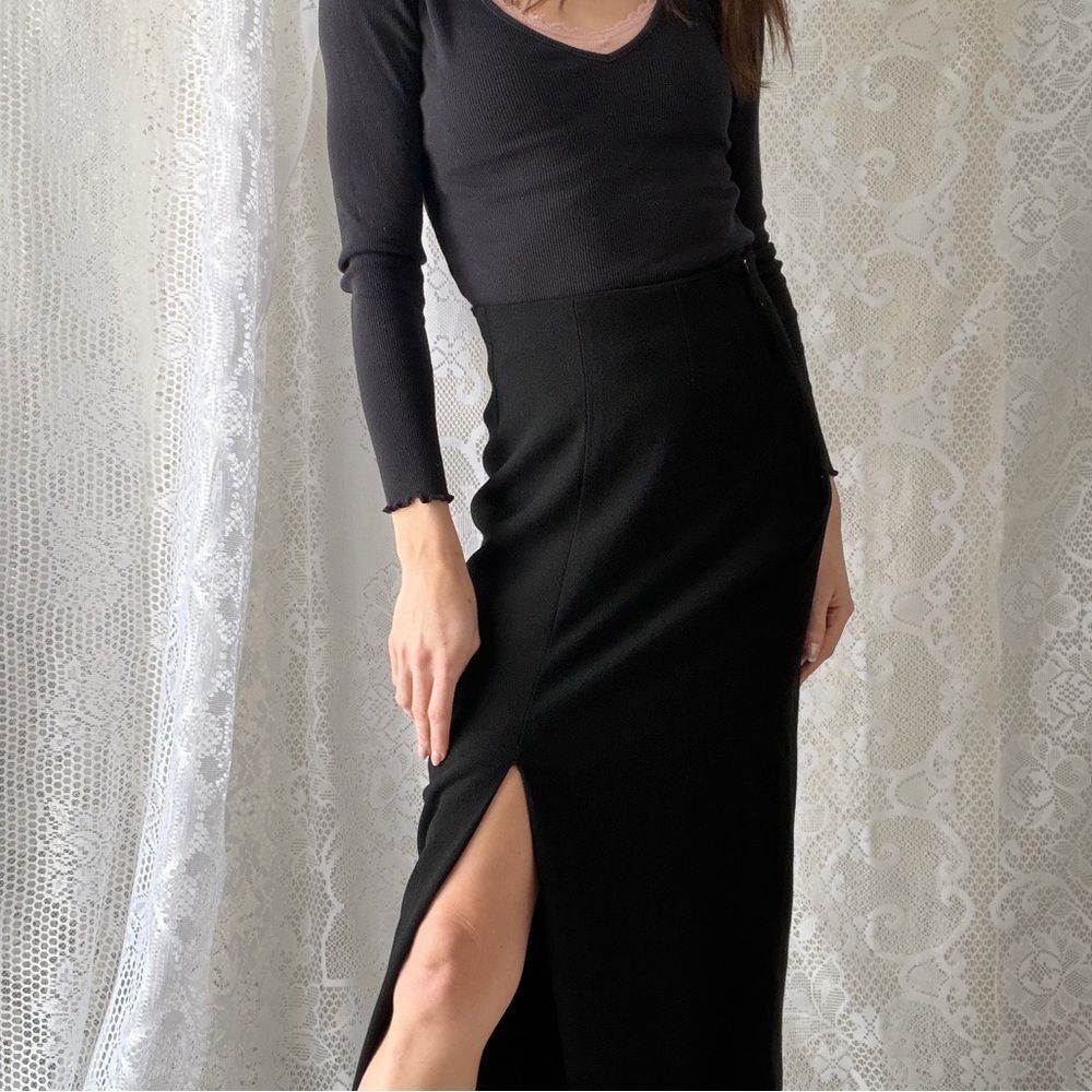 Vintage 90s Black Worsted Wool Midi Skirt Gantos Made In USA - Picture 4 of 9